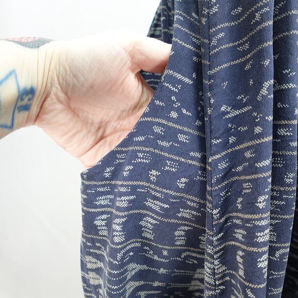 NSF Washed Silk Midi Dress Sz S Navy Blue Boho Printed Pockets Hi Low Scoop Neck - Picture 7 of 11